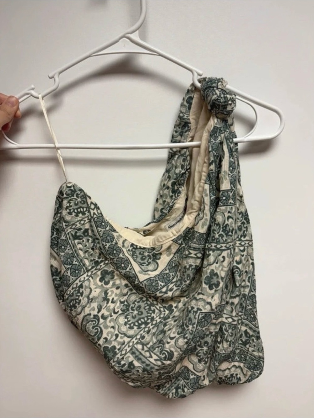 Abercrombie & Fitch Cream and Sage Printed Knot One Shoulder Top